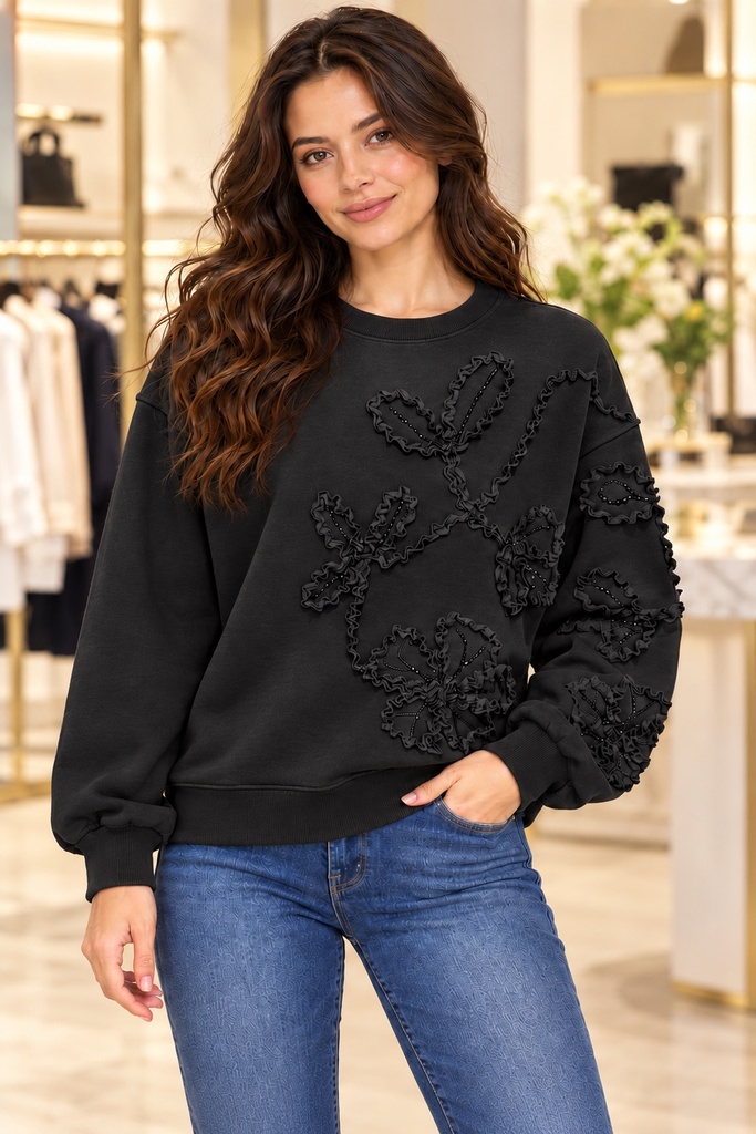 3D Çiçek İşlemeli Krem Sweat 3