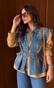 Işıltılı Taş Detaylı Kemerli Denim Yelekli ceket