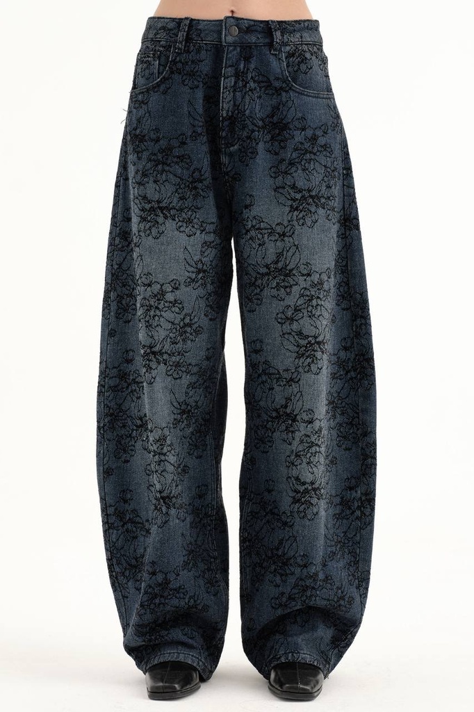 Floral Desenli Wide Leg Jean Pantolon