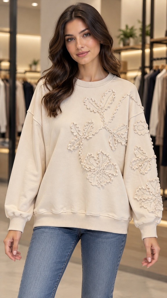 3D Çiçek İşlemeli Krem Sweat